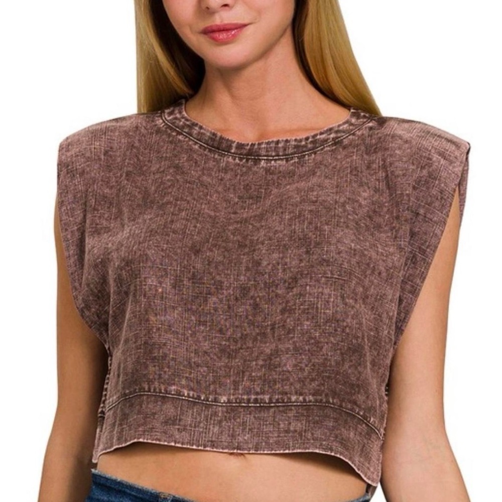 NWT Zenana Olive Green or Brown Boho Cropped Sleeveless Top w/Shoulder Pads